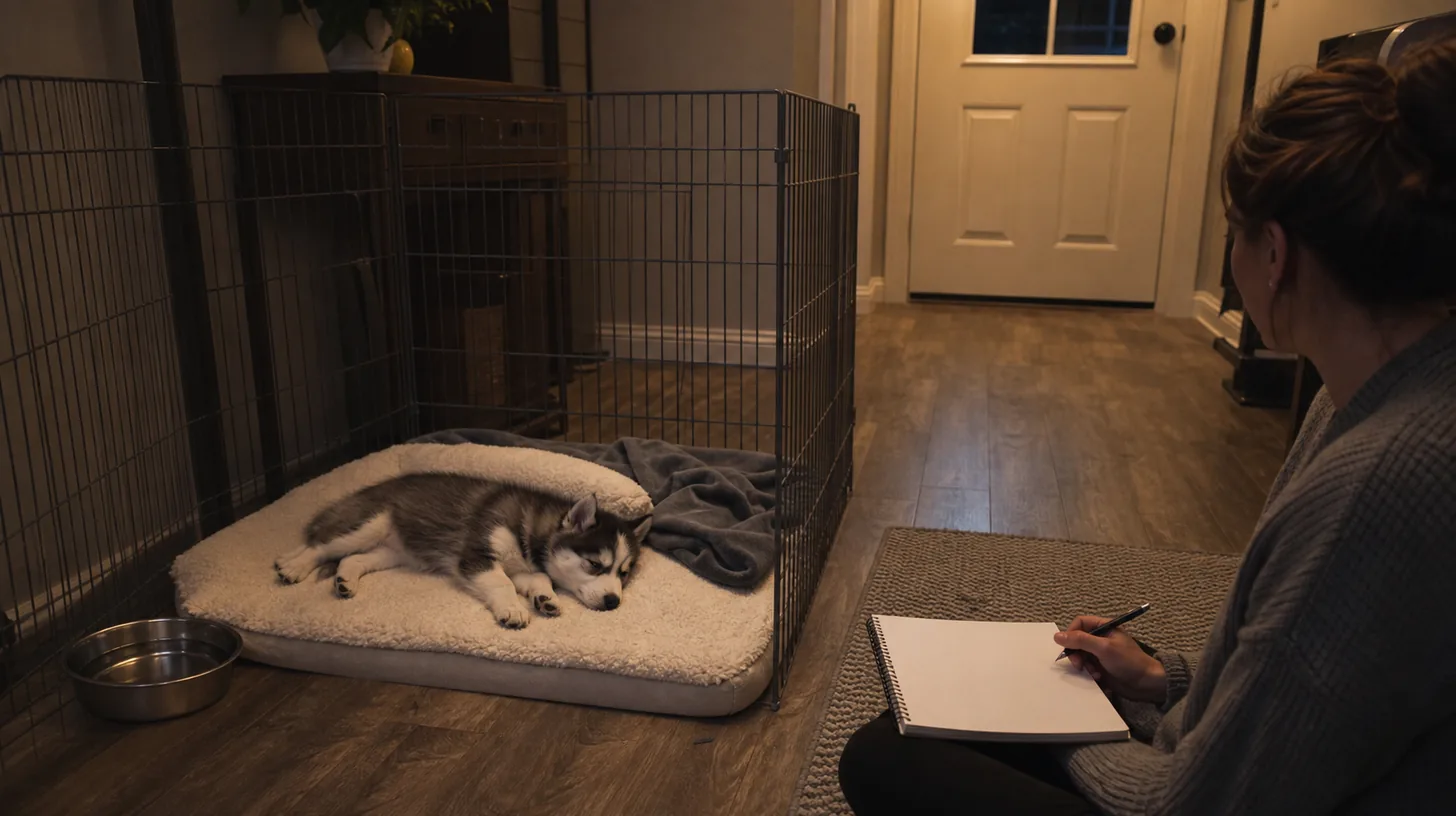 Pomsky puppy resting in a quiet floor-level pen beside a blank observation log