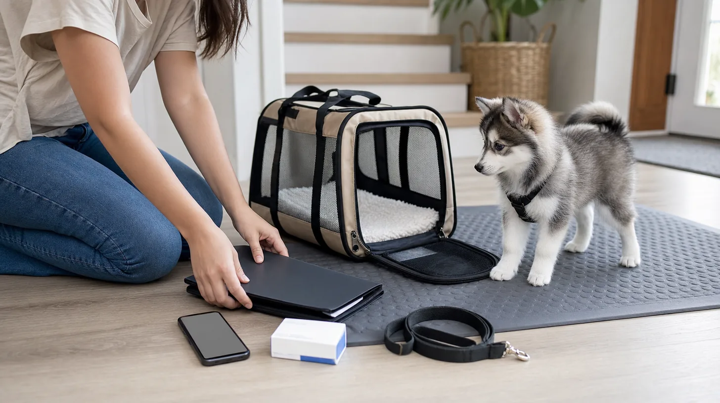 Caregiver organizes a private record folder and carrier before a Pomsky puppy's first veterinary visit