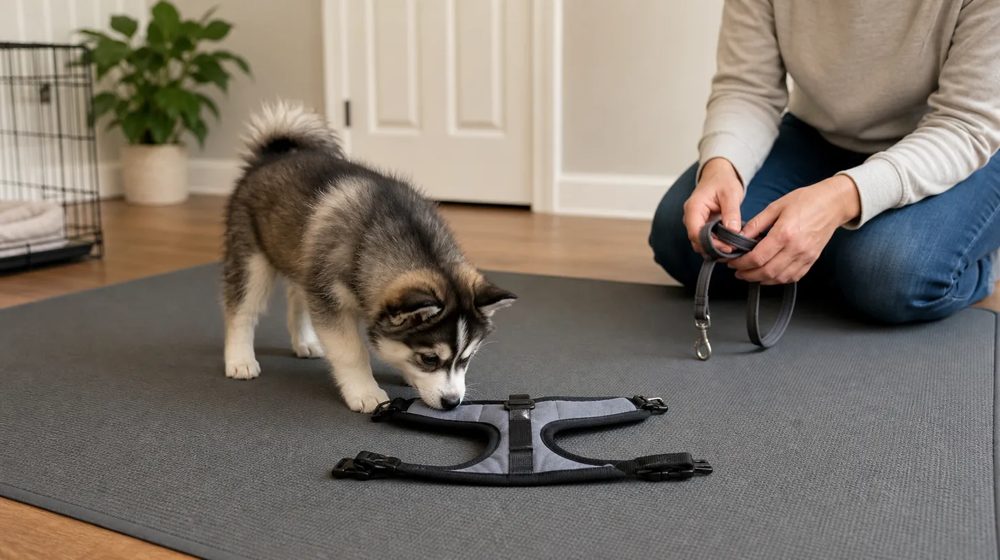 Pomsky puppy voluntarily investigates an open harness while a caregiver holds a separate slack leash