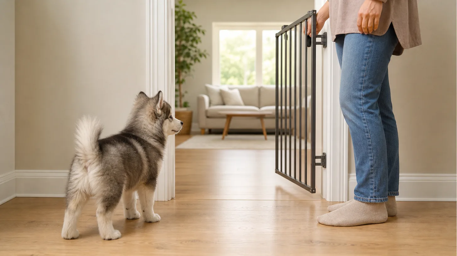 Pomsky puppy calmly observes a fully open household gate with a caregiver to the side