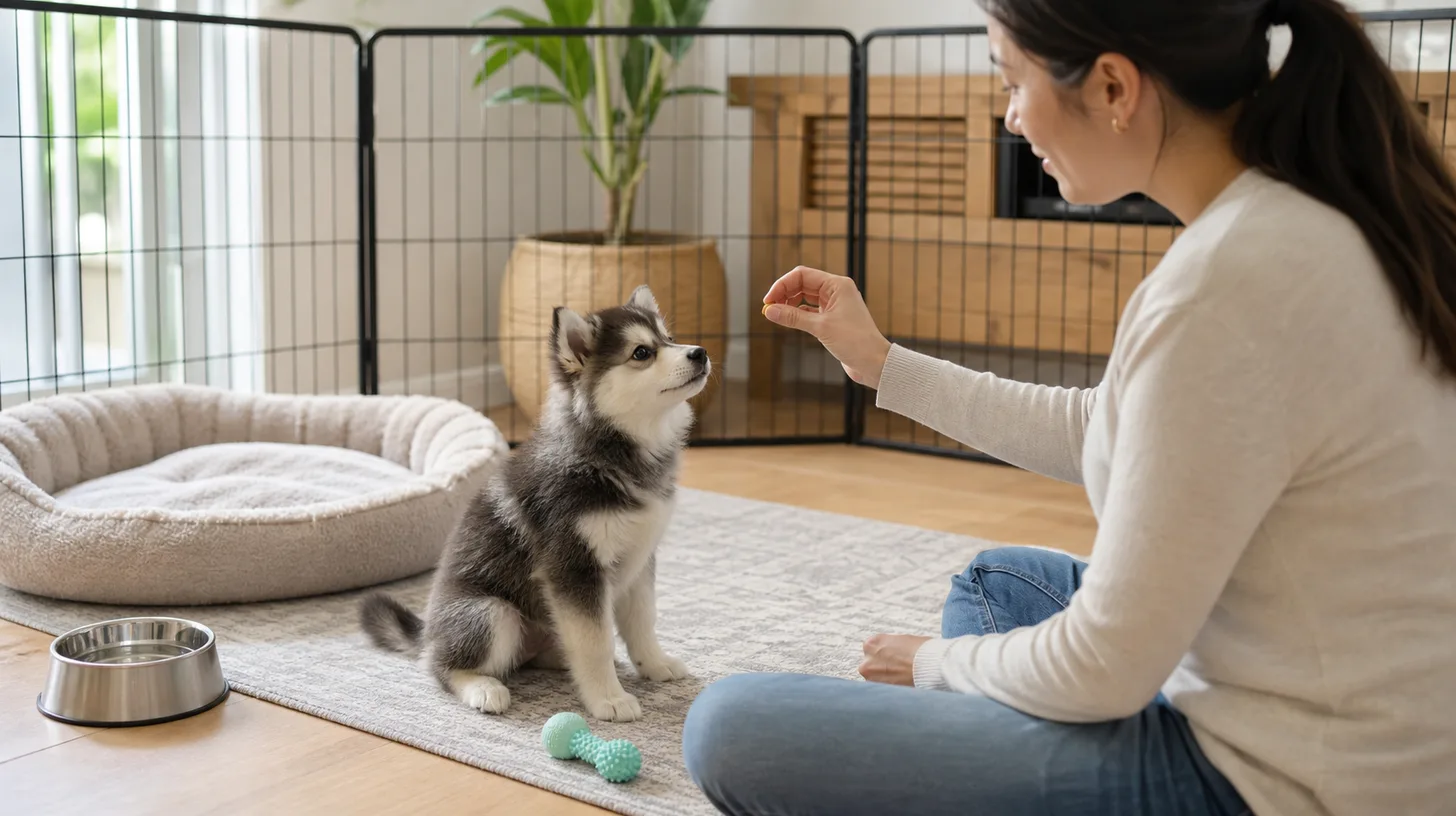 A Pomsky puppy practices calm quiet behavior in a safe playpen while a caregiver rewards it