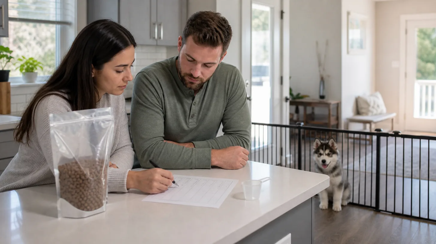 Two caregivers review a puppy meal handoff record while a Pomsky waits behind a secure gate