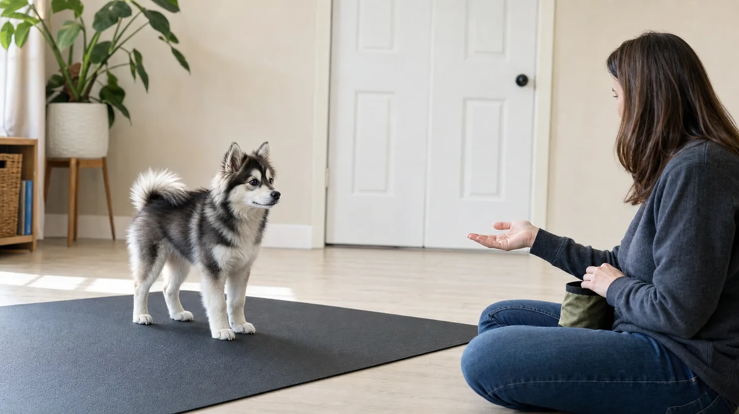 Pomsky puppy calmly turns toward a seated caregiver during a quiet name-recognition practice