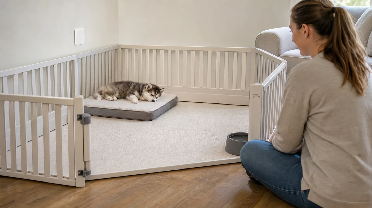 A Pomsky puppy sleeps on a low bed in an uncluttered gated quiet zone near a caregiver