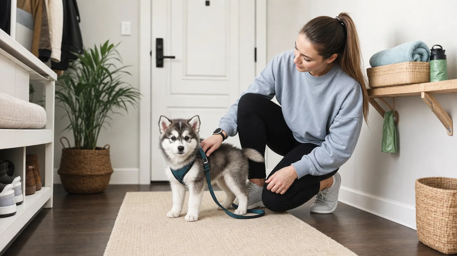 Harnessed Pomsky puppy and caregiver pause together inside a closed entry door before an outdoor toilet trip