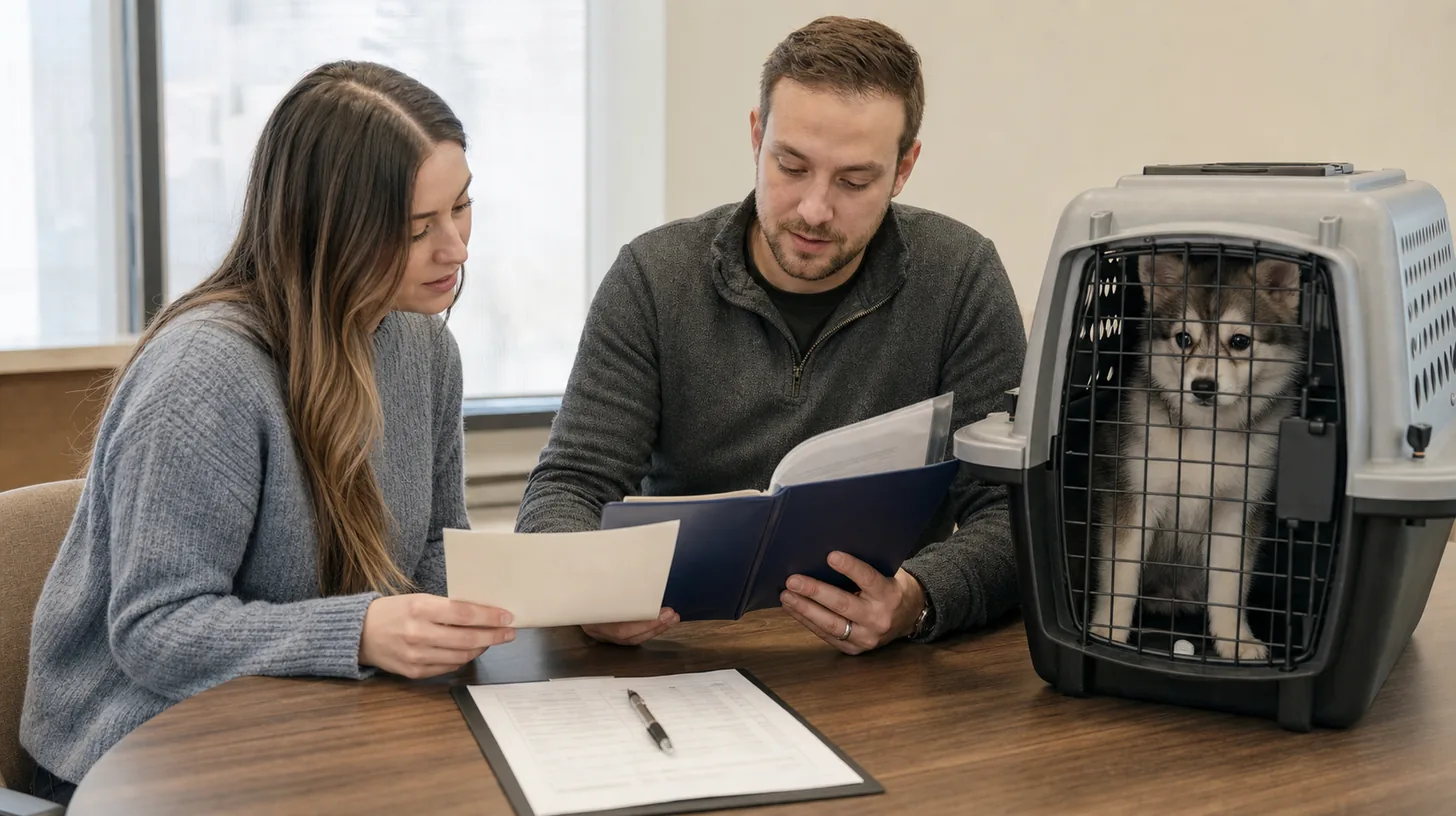 Two caregivers review puppy records beside a Pomsky puppy secured in a closed carrier
