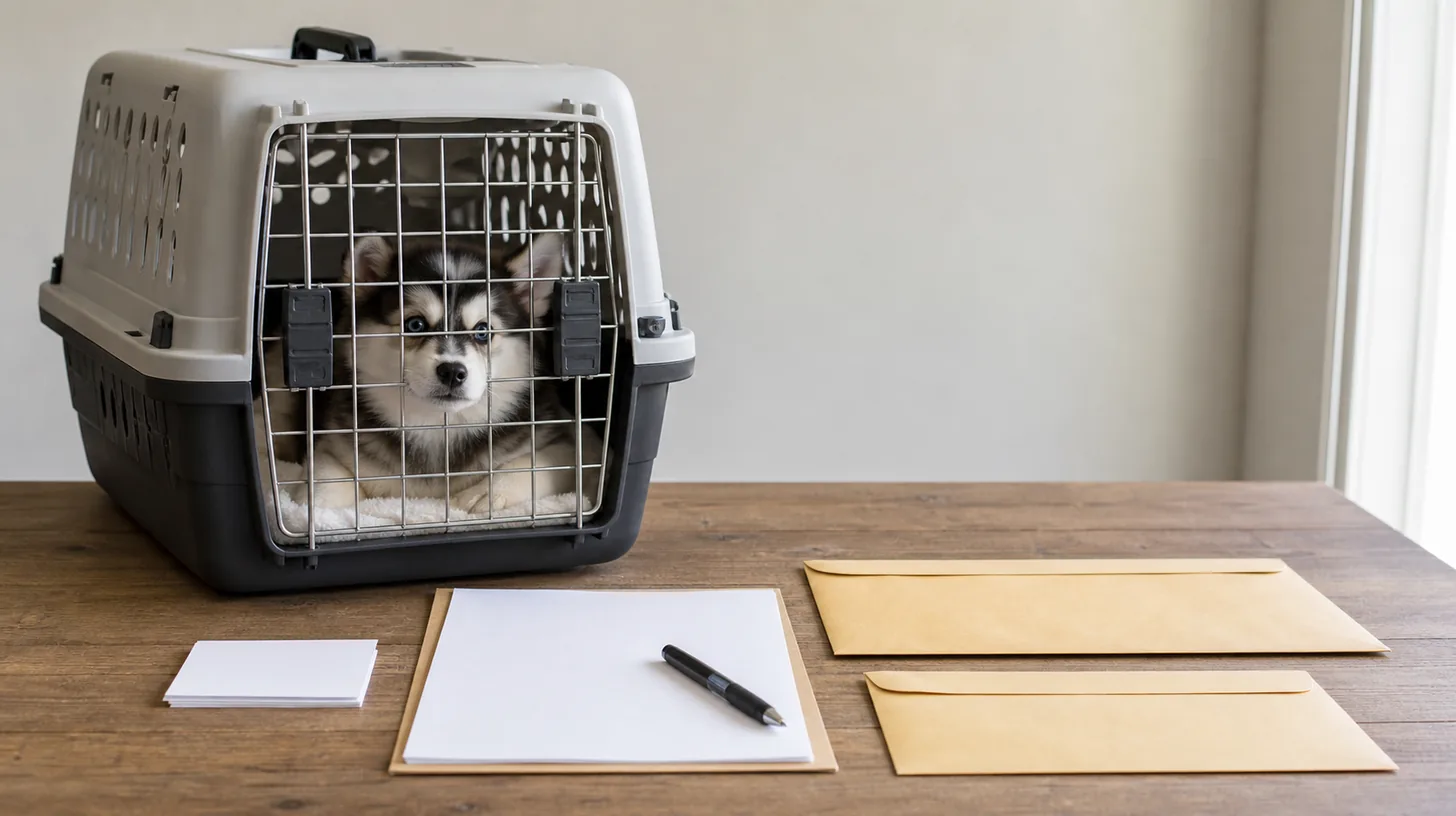 Pomsky puppy rests in a closed carrier beside blank discrepancy cards document envelopes and a writing pad