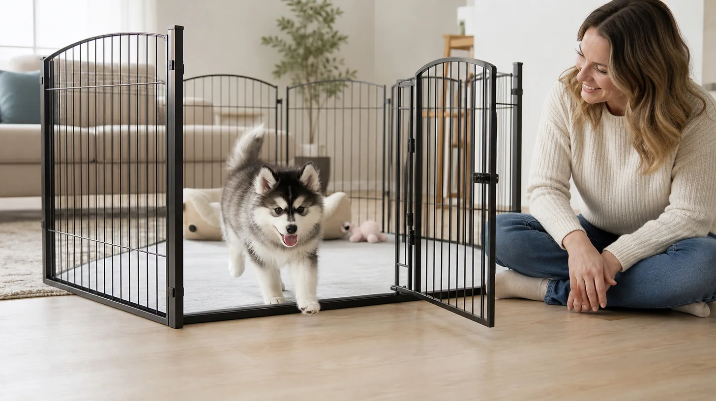 Pomsky puppy voluntarily enters an open exercise pen while a caregiver remains nearby