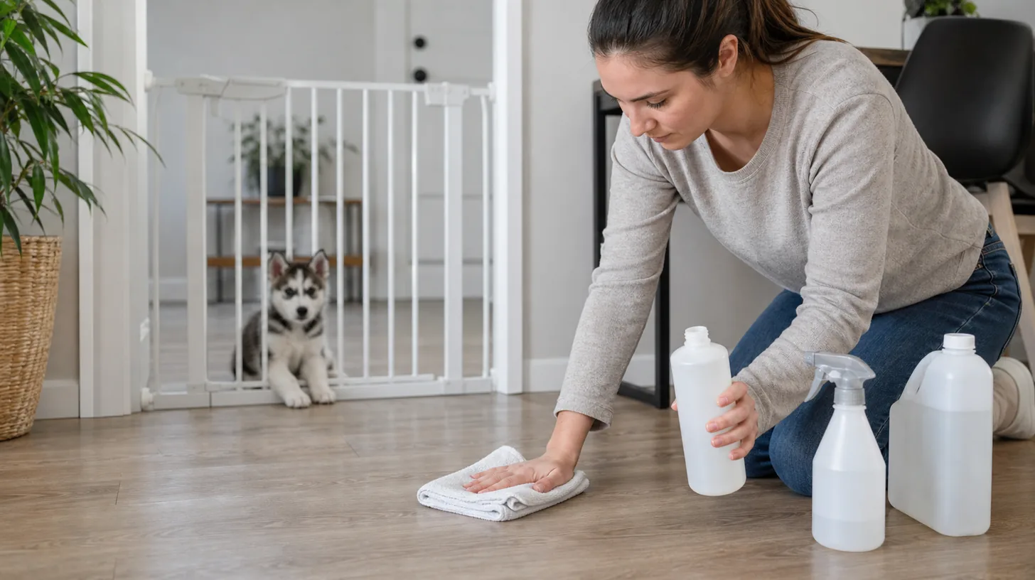 Caregiver calmly cleaning a floor while a Pomsky puppy waits behind a gate