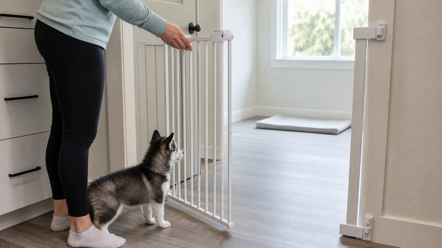 Caregiver opening one gated hazard-free room to a Pomsky puppy