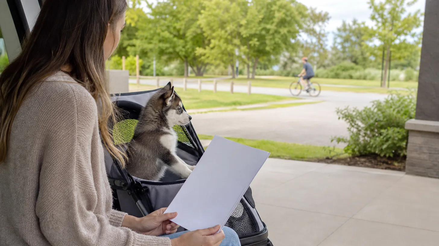 A Pomsky puppy observes a distant bicycle from a clean carrier while a caregiver records the calm exposure