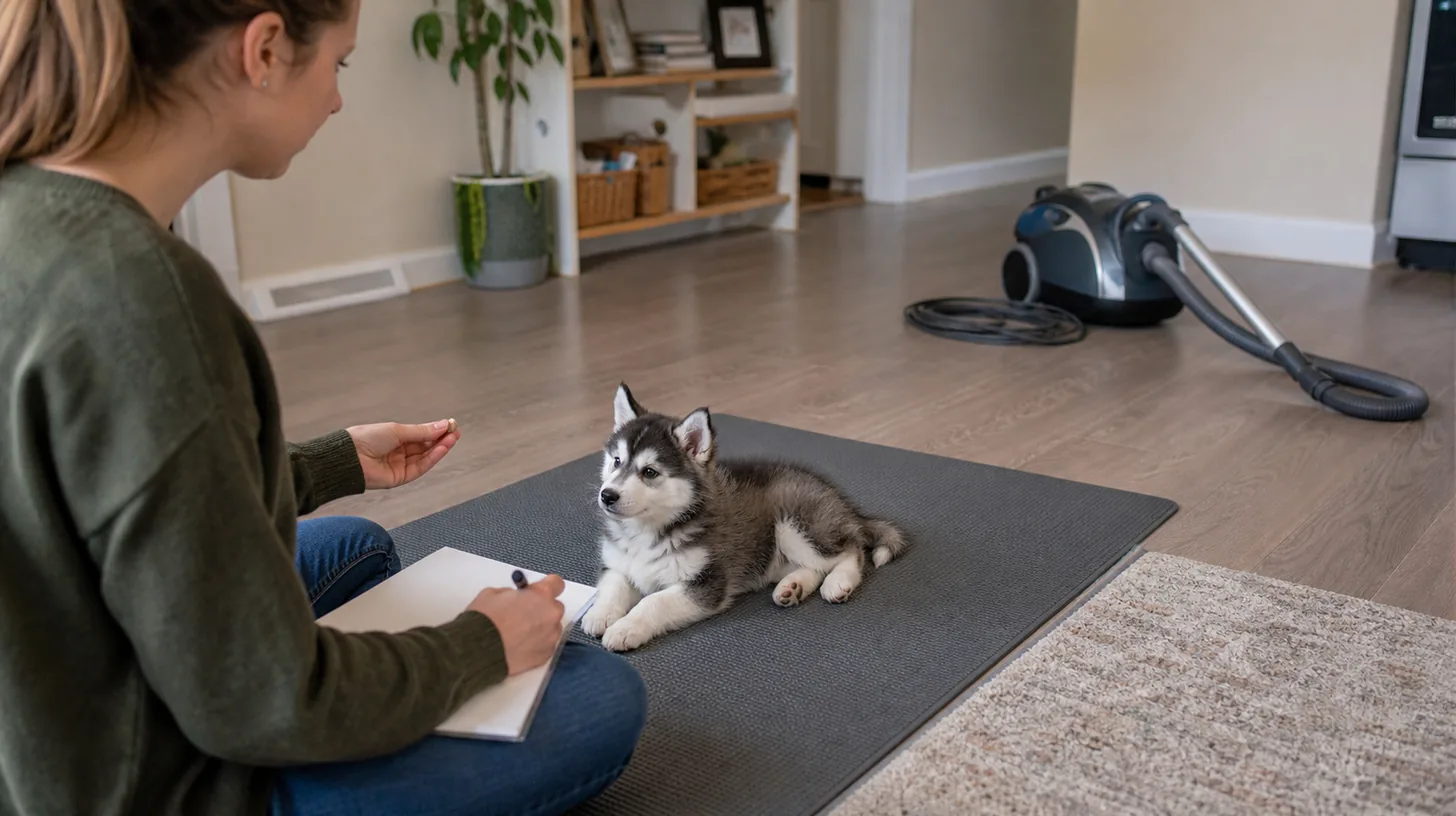 Relaxed Pomsky puppy resting far from an inactive household appliance