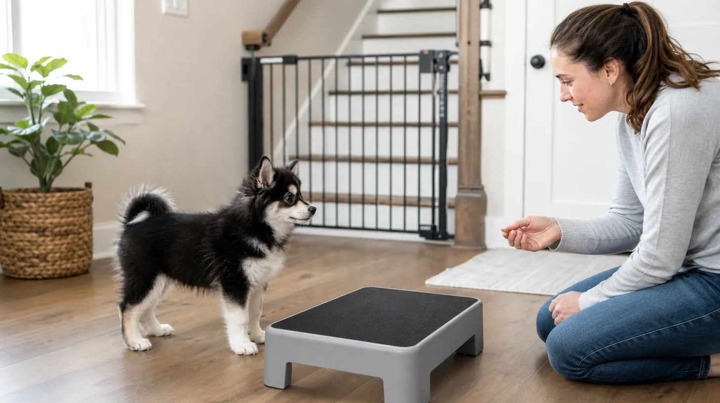 Pomsky puppy voluntarily observing one low wide nonslip training step