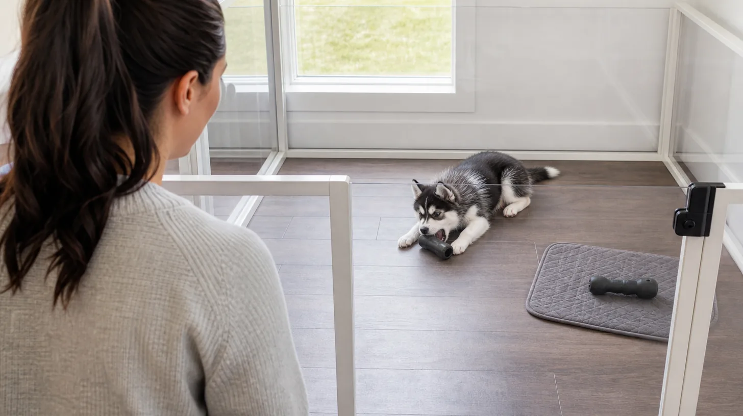 A supervised Pomsky puppy chews one plain toy in a clear gated zone with a second option on a mat