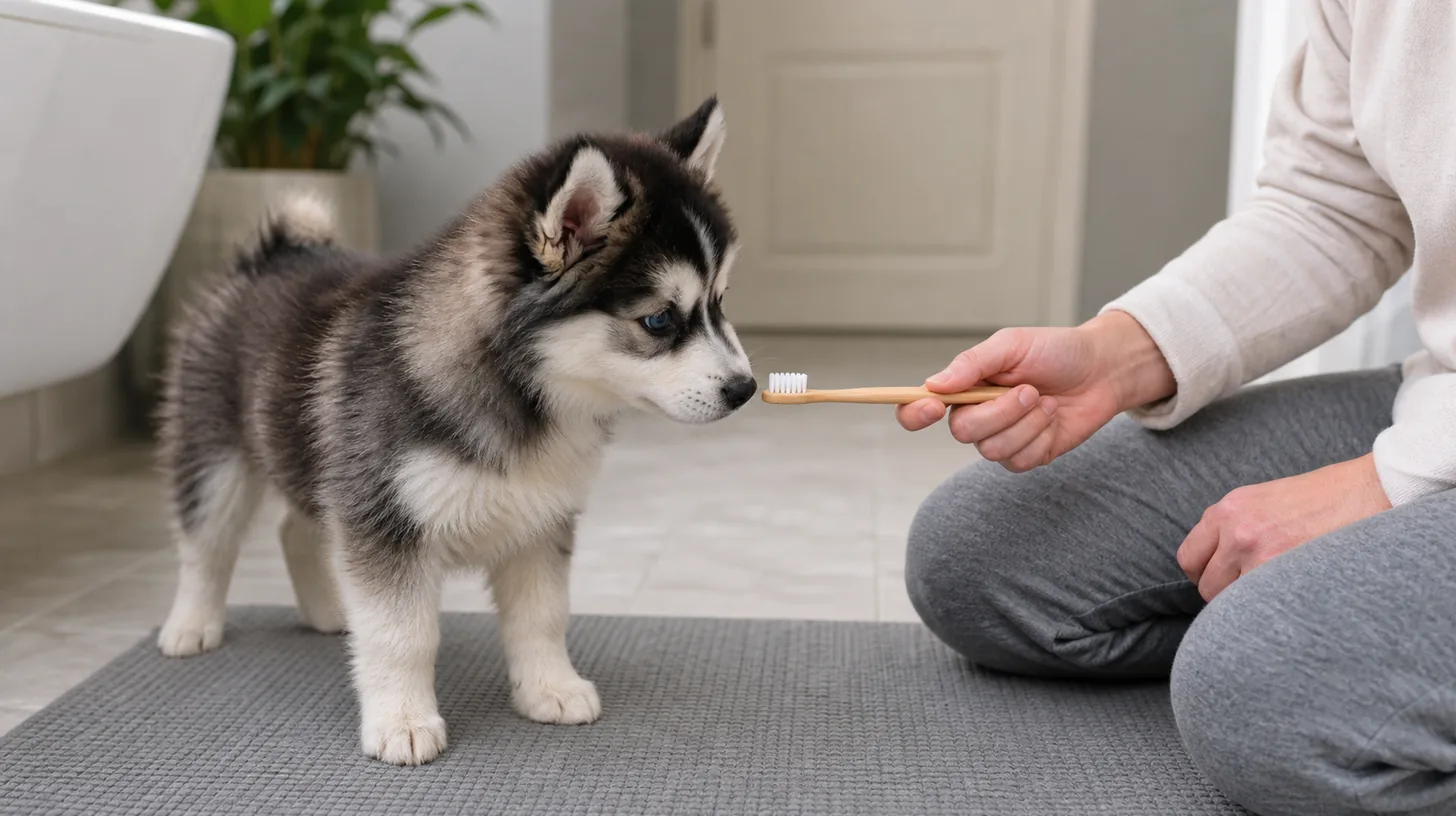 Pomsky puppy voluntarily sniffs a small dog toothbrush held below the muzzle