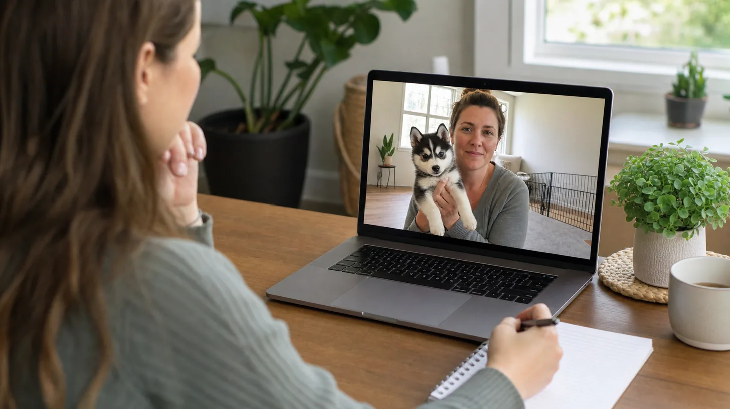 Buyer viewing a Pomsky puppy and caregiver in a safe home environment during a plain video call
