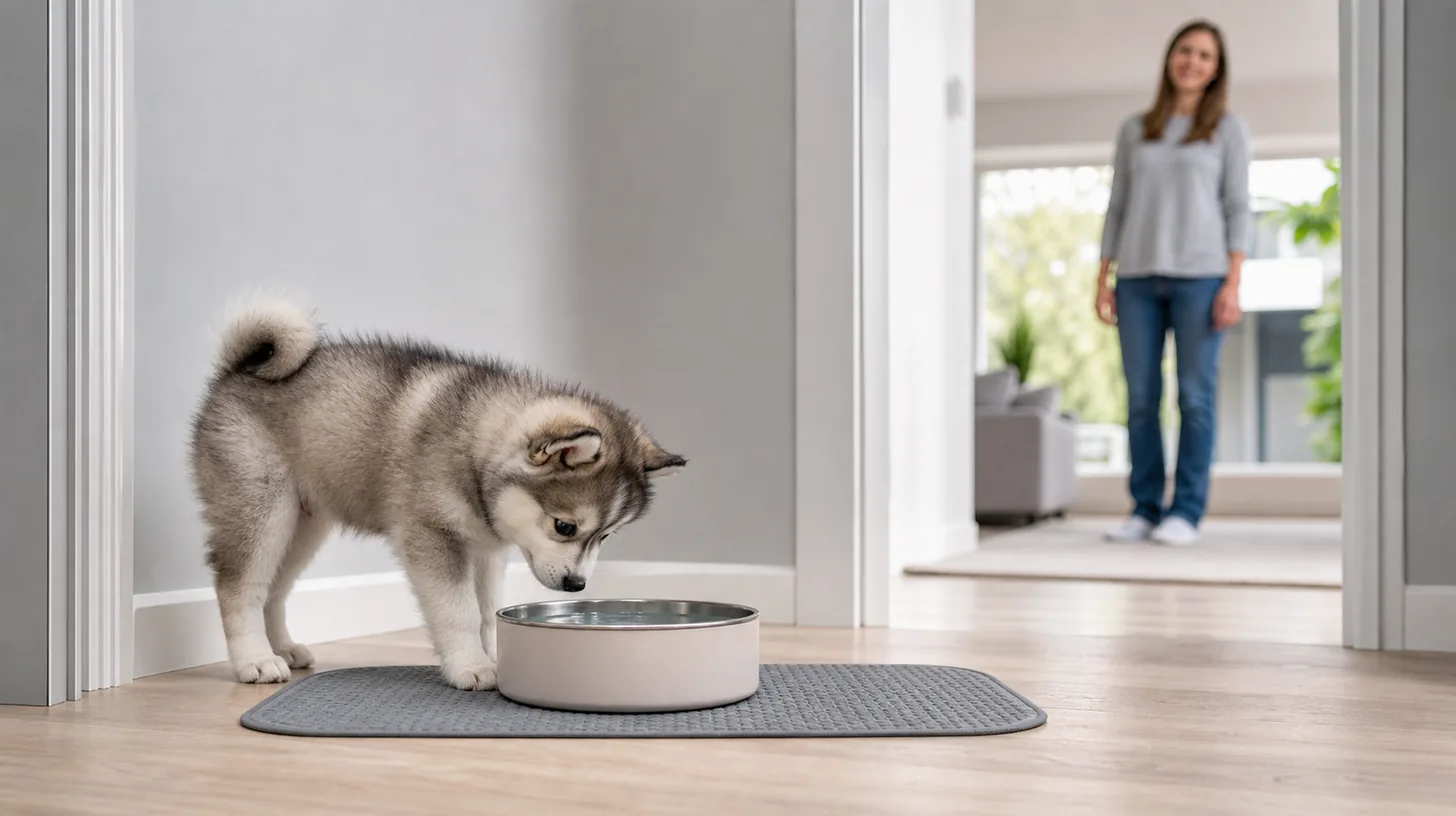 Pomsky puppy calmly discovers a stable water bowl station while a caregiver observes