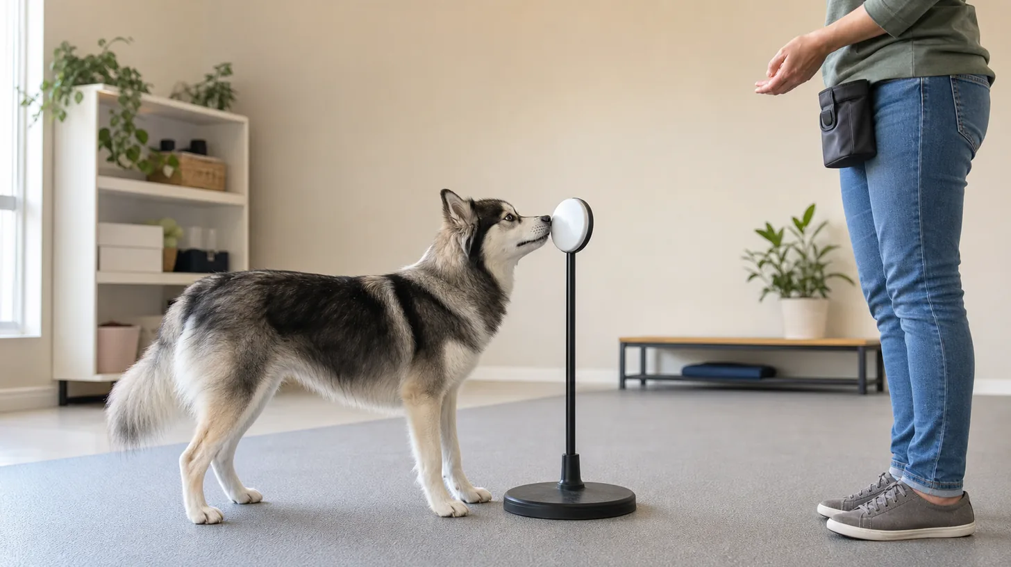 Pomsky voluntarily touching a large stable unconnected blank push button with the nose