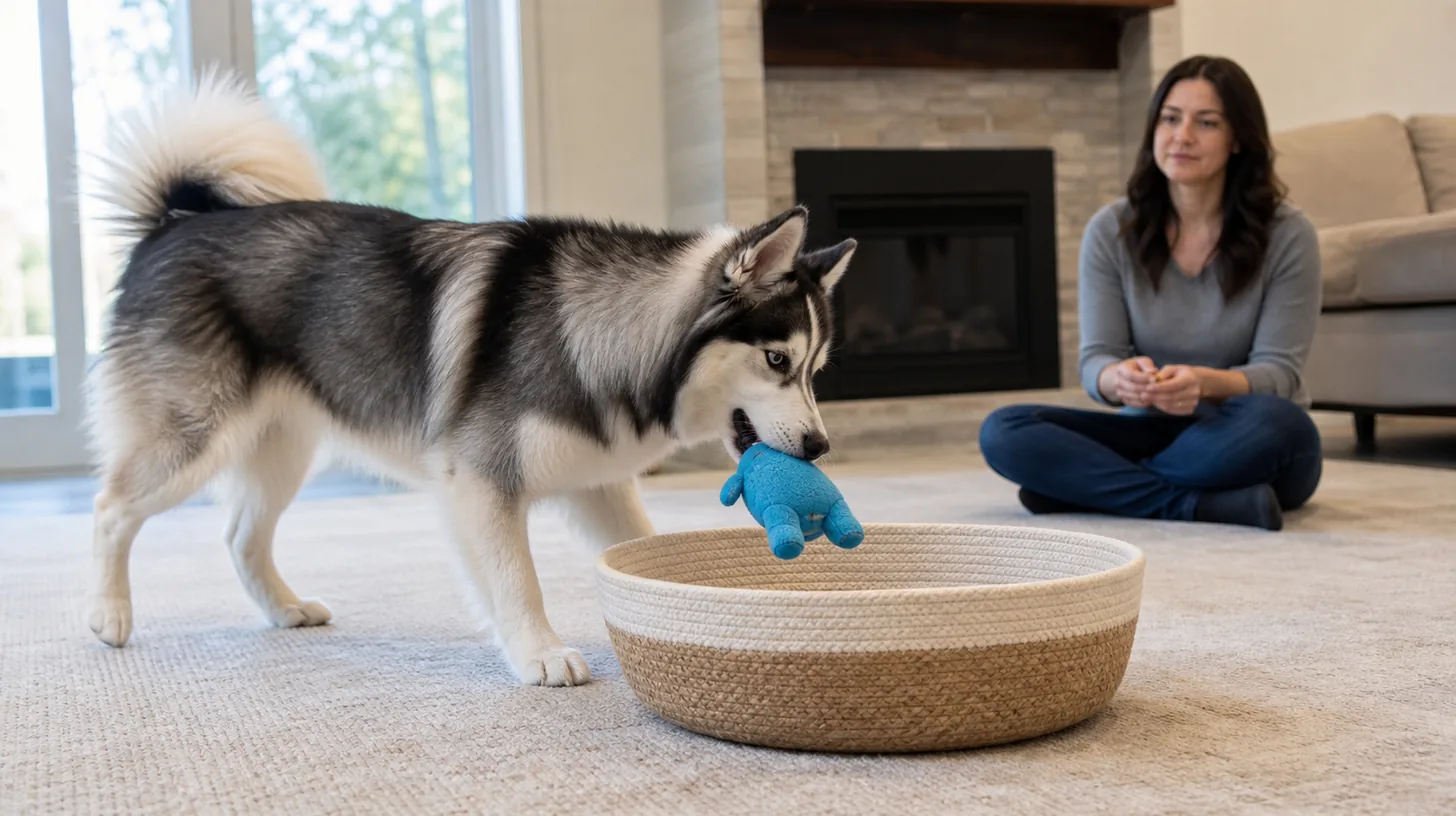 A Pomsky releases a blue plush toy over a wide stable floor-level storage basket