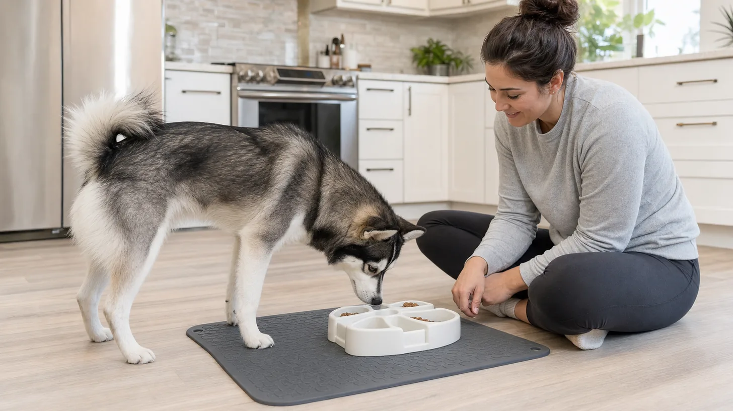 A caregiver supervises a Pomsky using a simple puzzle feeder on a nonslip mat