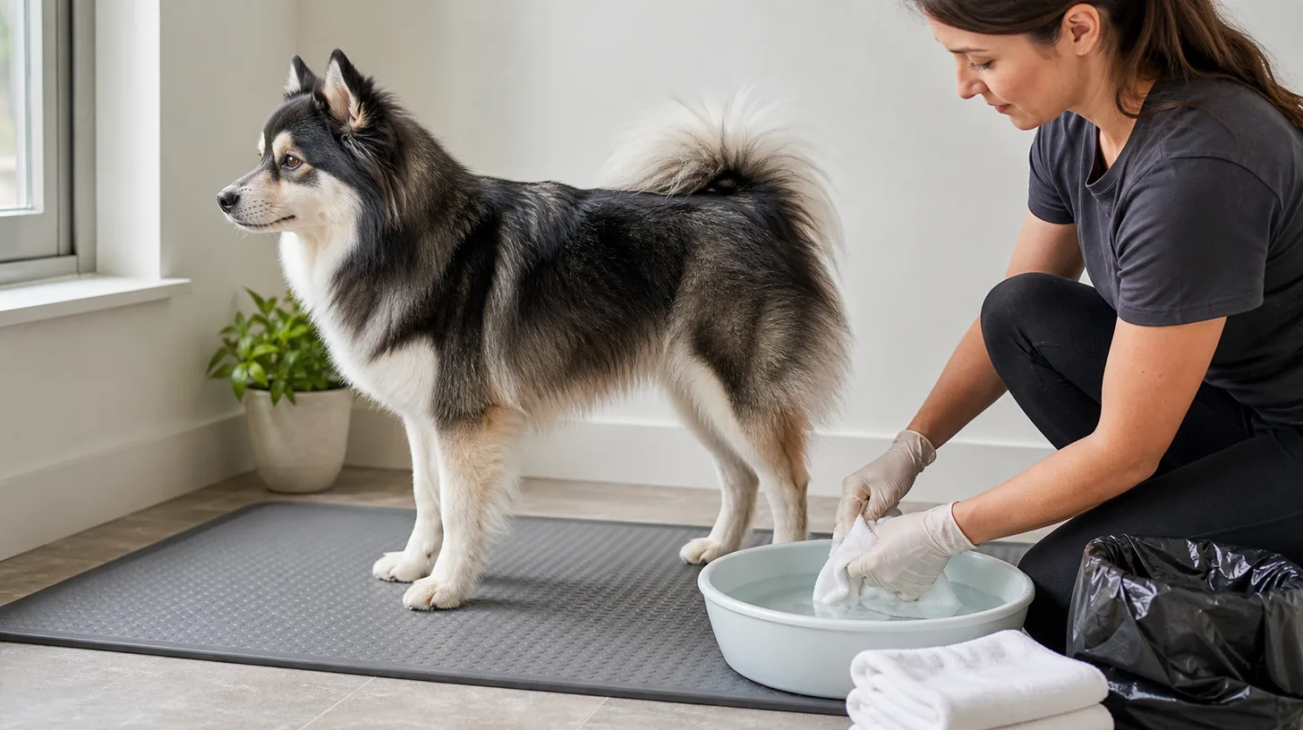Gloved caregiver prepares a soft cloth and fresh water for an external Pomsky rear-coat spot clean