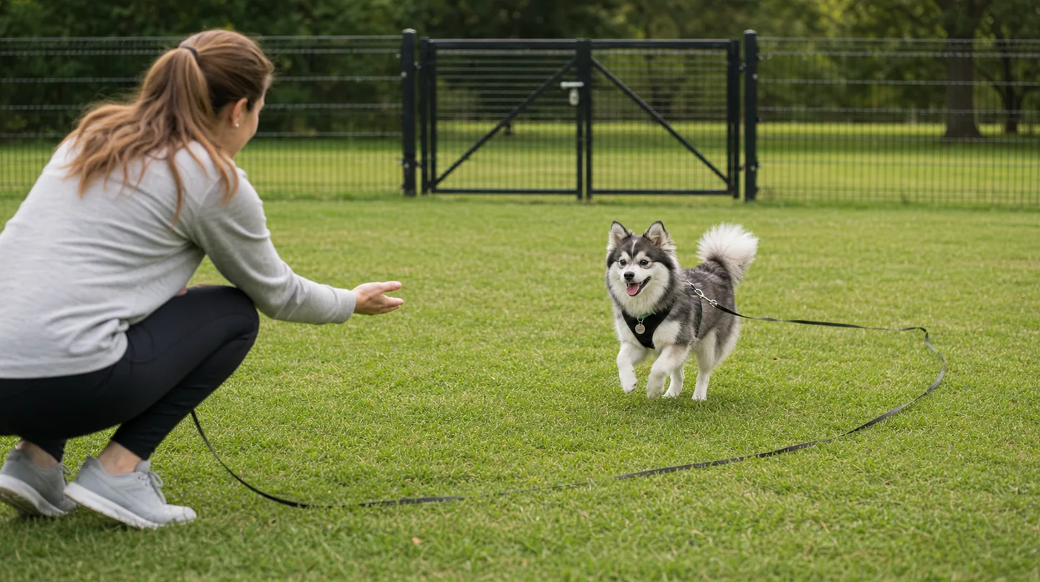 A Pomsky practices a rewarded recall on a long line inside a securely fenced field