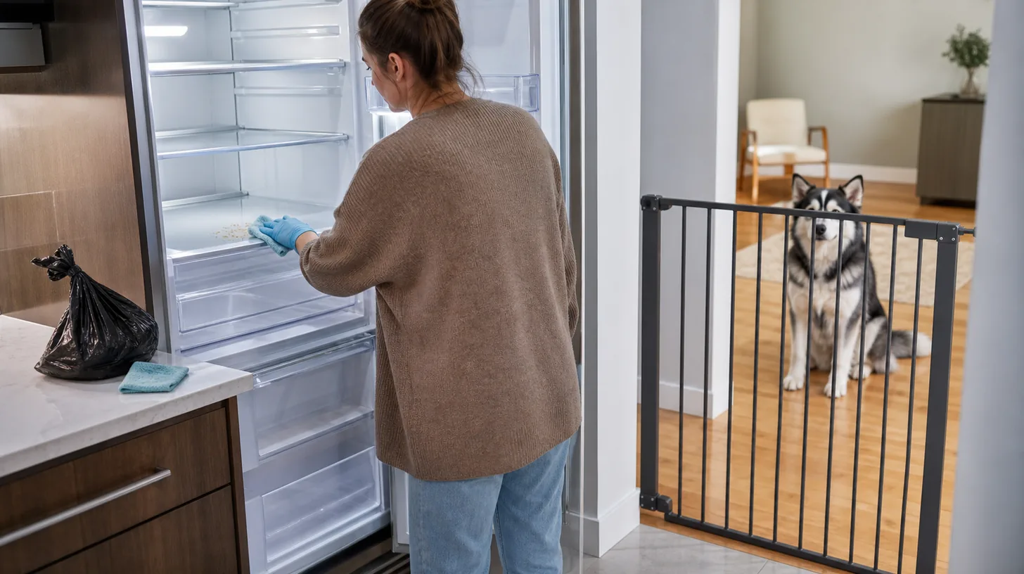 Caregiver cleans a refrigerator shelf while a Pomsky waits behind a closed gate