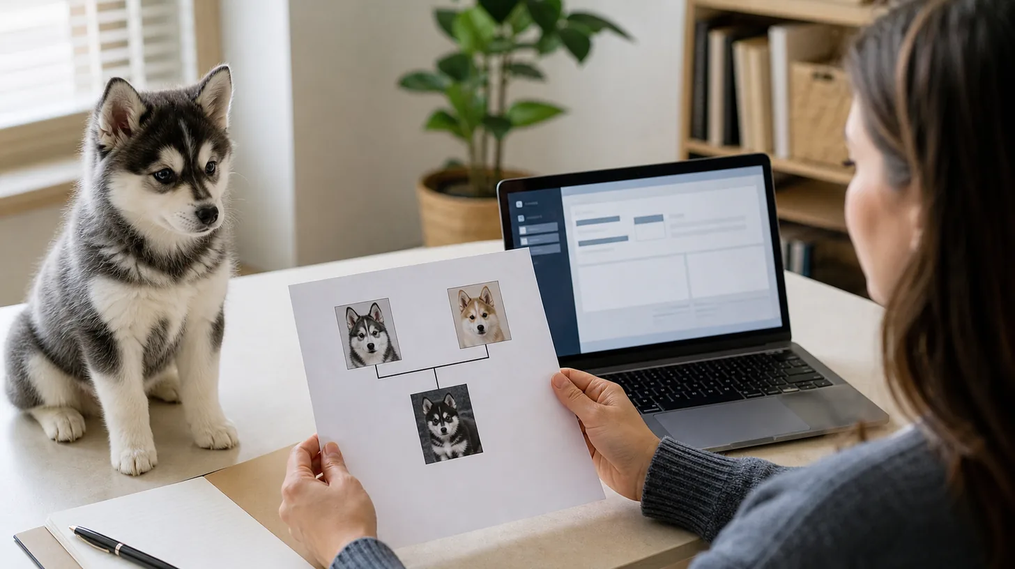 Buyer compares a generic Pomsky family-tree worksheet with an issuer verification screen