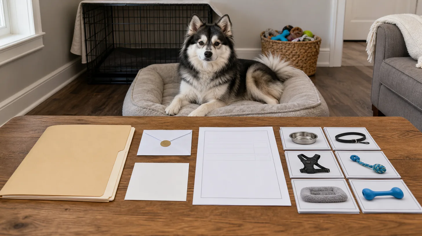 Calm Pomsky rests near a post handoff folder sealed key envelope blank forms and supply inventory cards