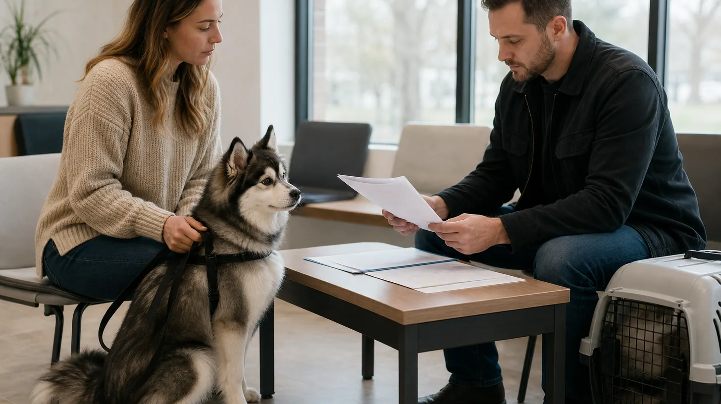 Two adults review unreadable identity and care records beside a secured Pomsky and closed carrier