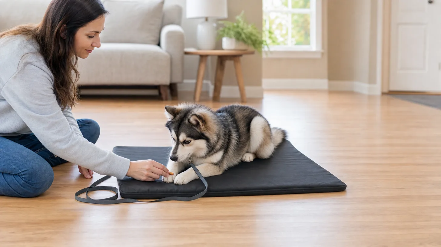 A Pomsky lies voluntarily on a portable mat while a caregiver rewards calm behavior