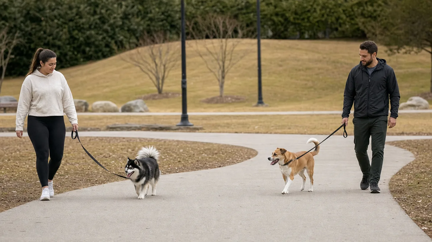 A Pomsky and resident dog walk in parallel at a comfortable distance with separate handlers