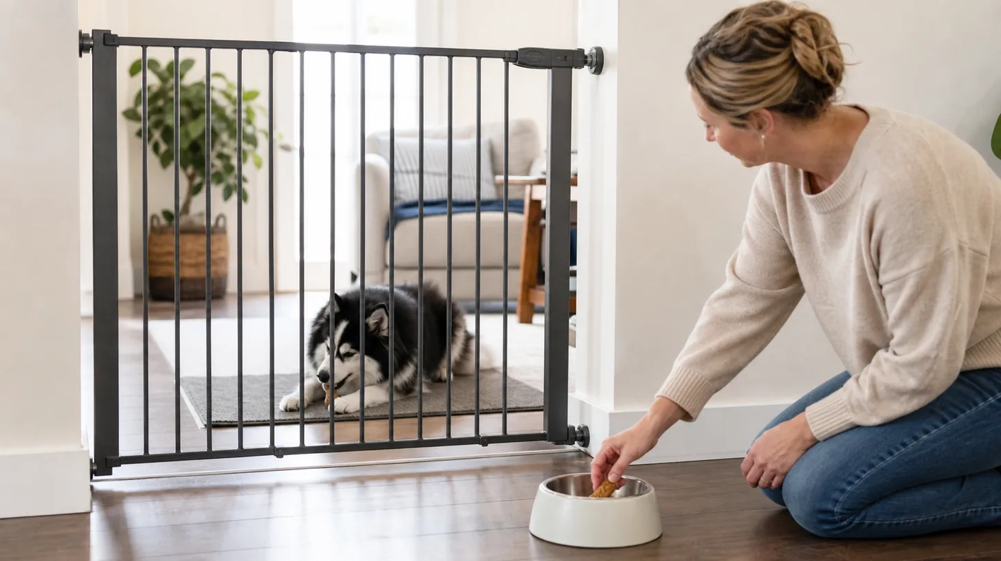 A Pomsky remains behind a secure gate while a caregiver manages food at a distance