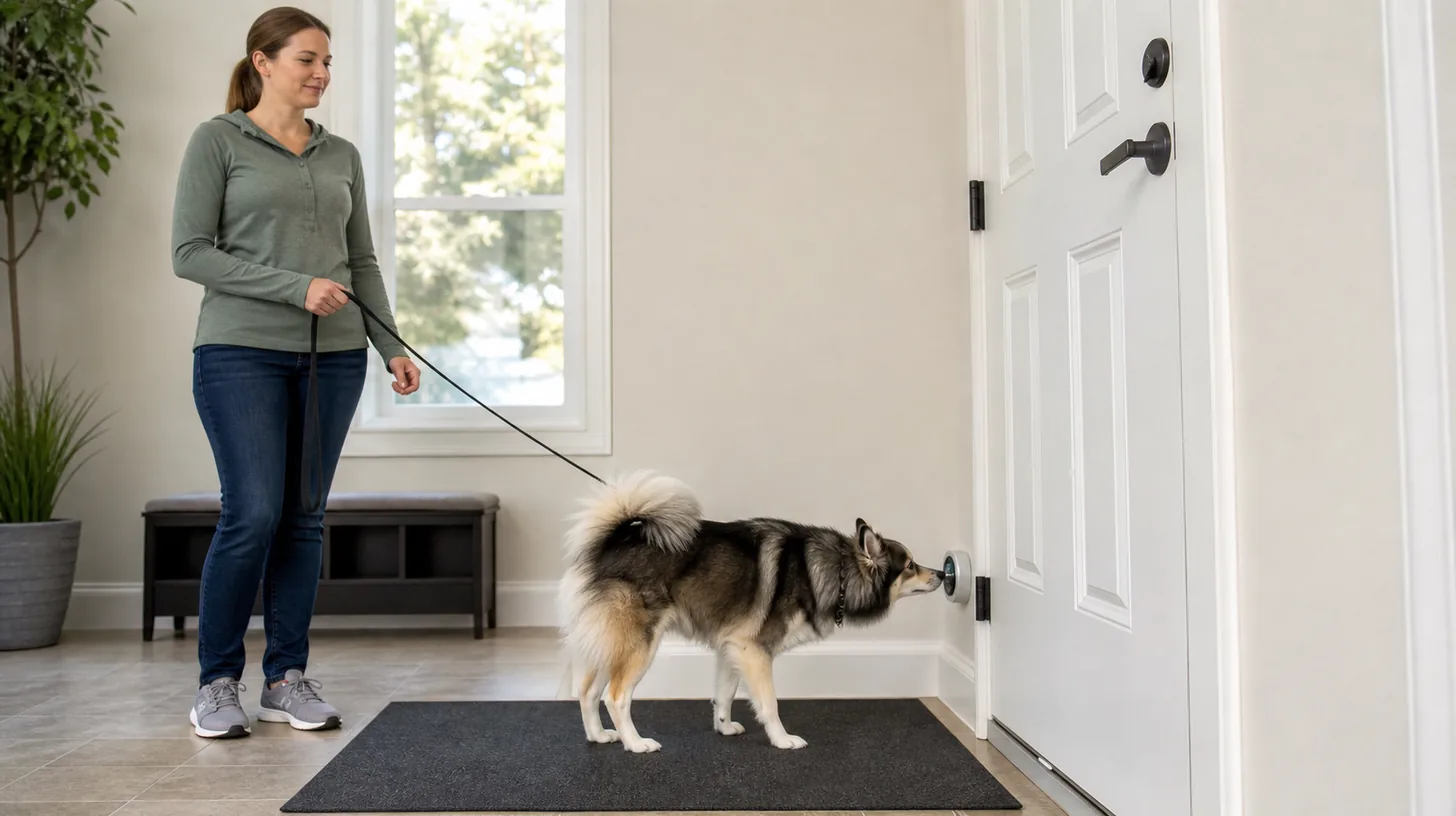 Pomsky lightly nose-targets a large secure bell beside a closed door while a handler holds a slack leash