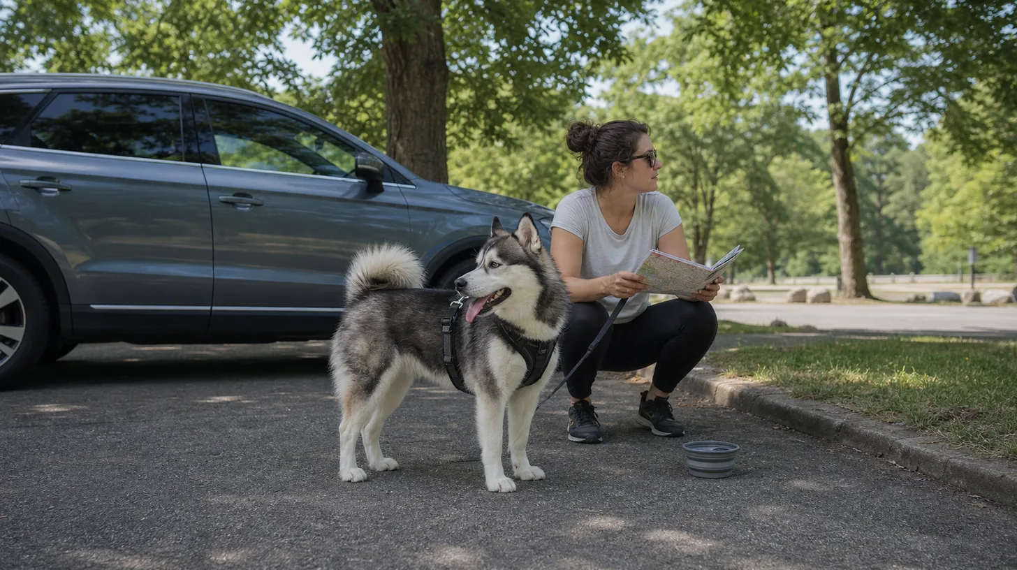 A harnessed Pomsky pauses with a caregiver and water in shade beside a fully closed parked vehicle