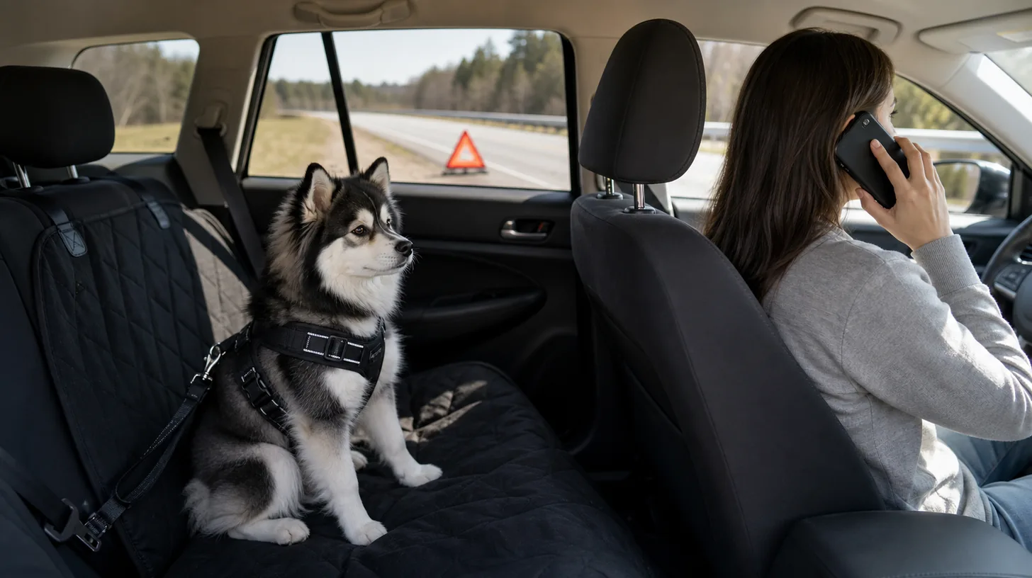A harnessed Pomsky remains secured in a stopped car while a caregiver calls for roadside help