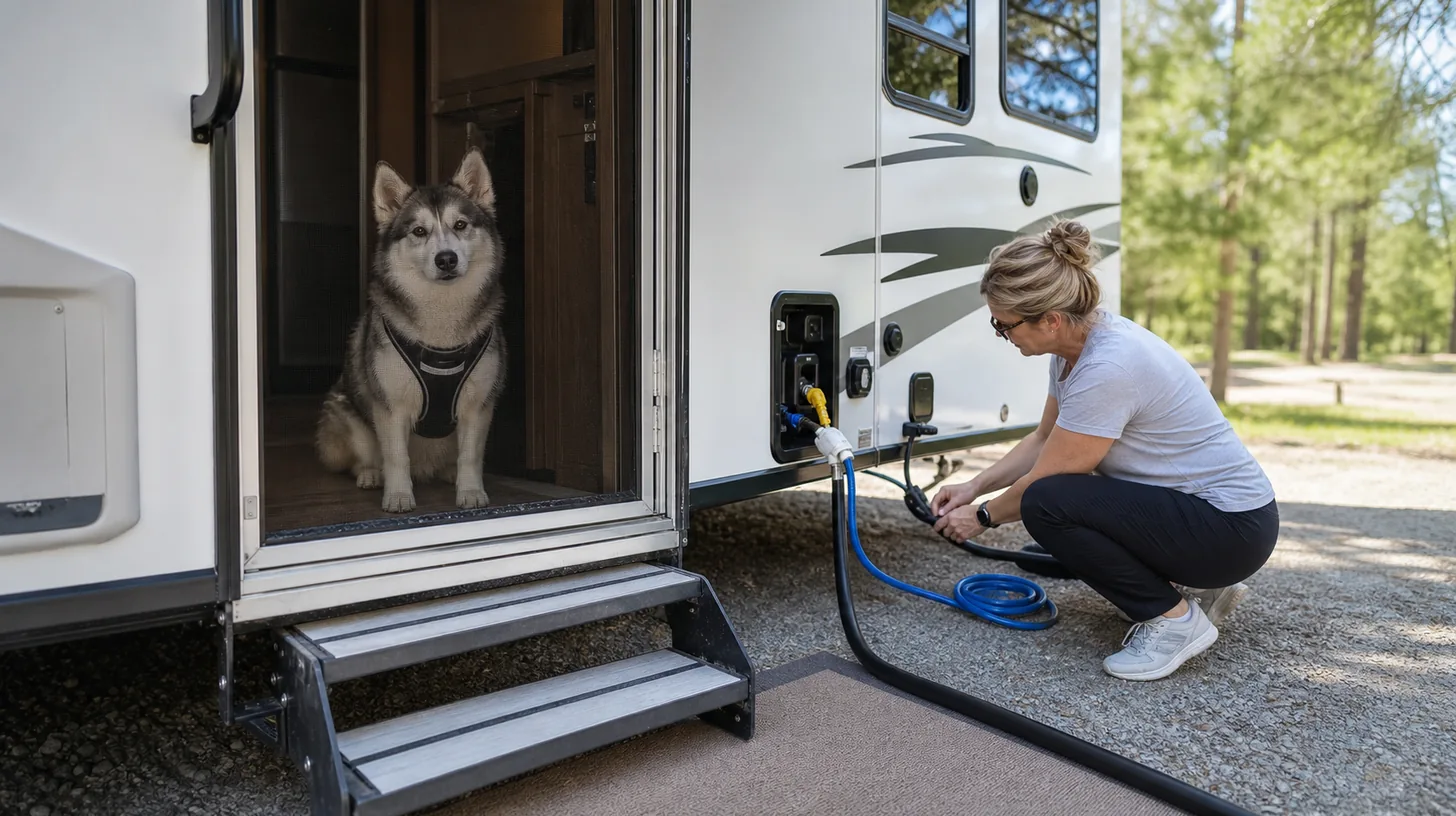Pomsky waits behind an RV screen door while a caregiver checks steps and utility lines