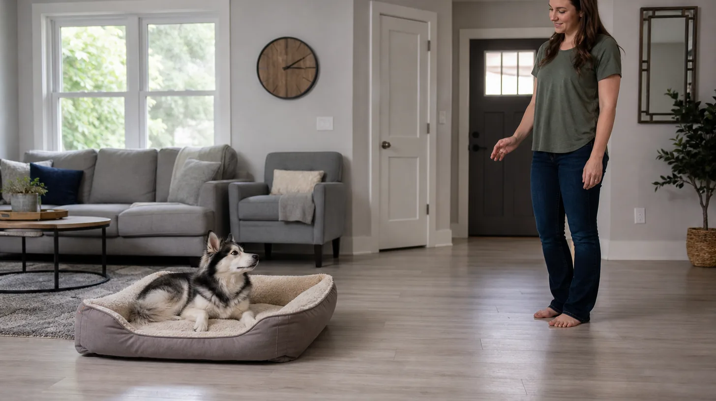 A Pomsky wakes on a dog bed while a caregiver remains several feet away