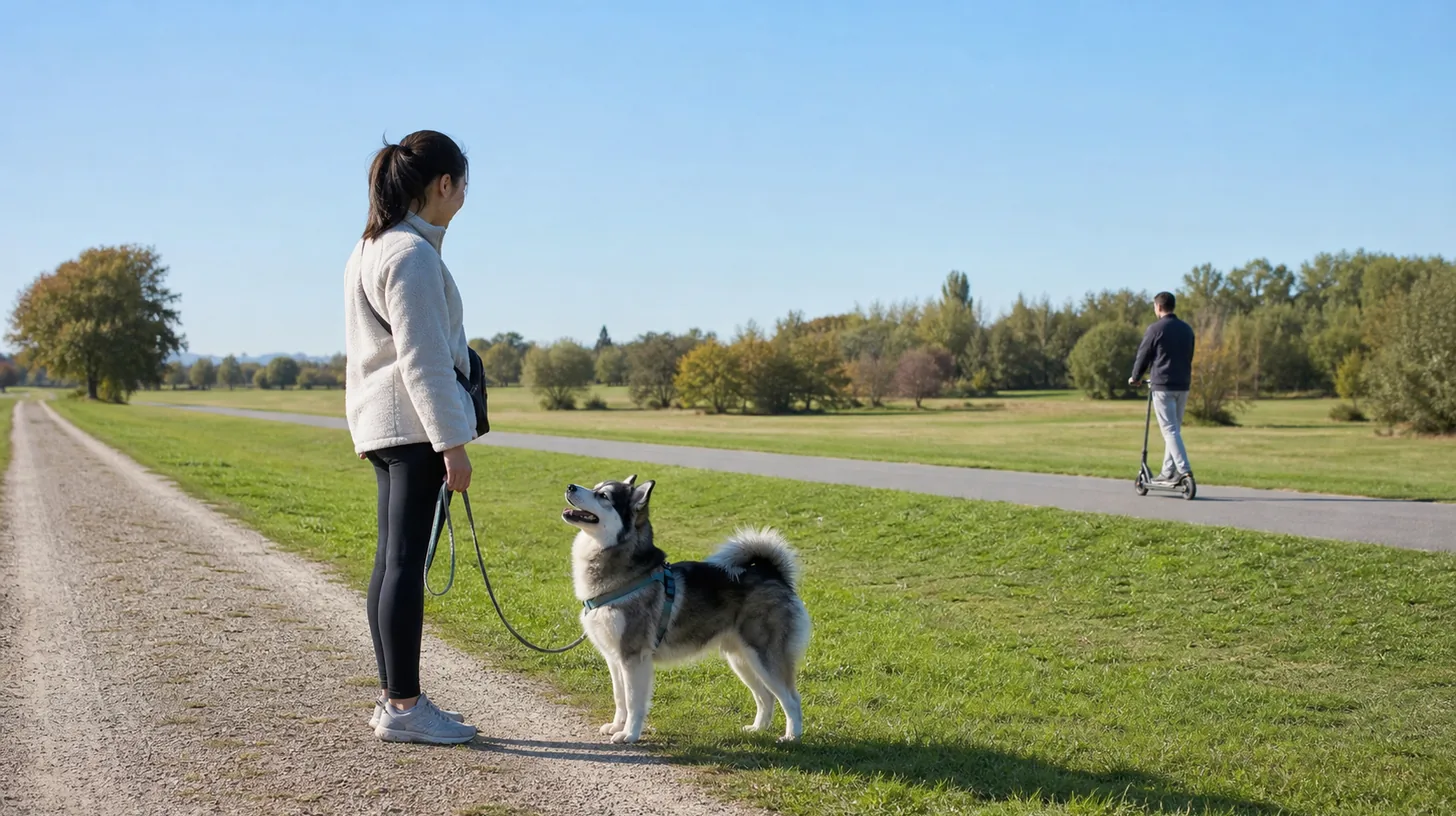 Pomsky attends to a caregiver while a scooter rider passes on a distant separate path