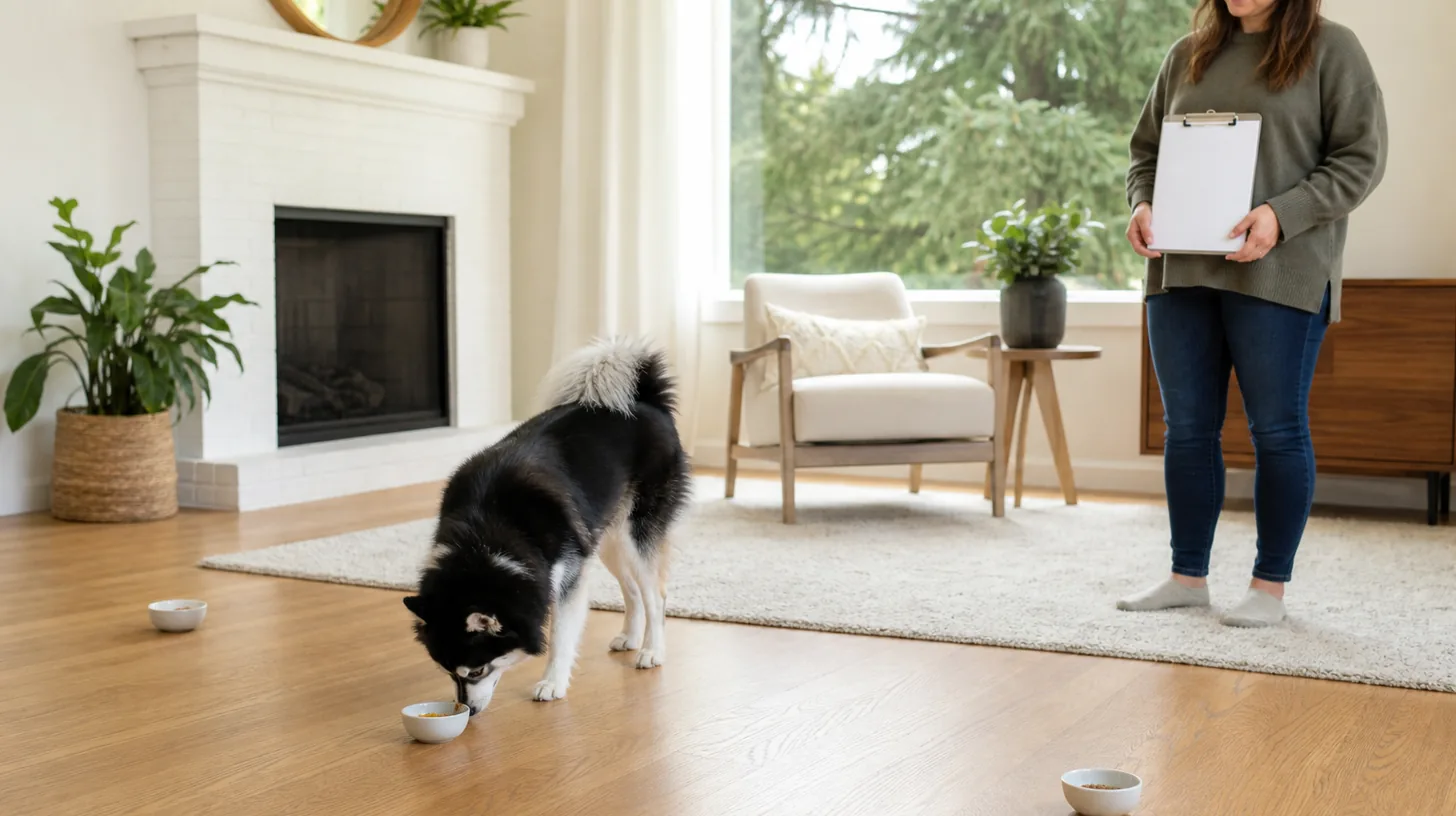 A Pomsky searches three safe open reward dishes in a clear room while a caregiver supervises