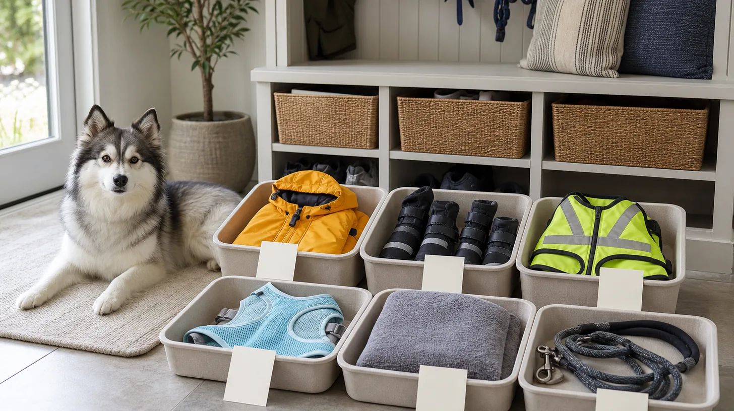 Pomsky rests beside clean dry seasonal gear sorted into bins with blank condition and storage cards