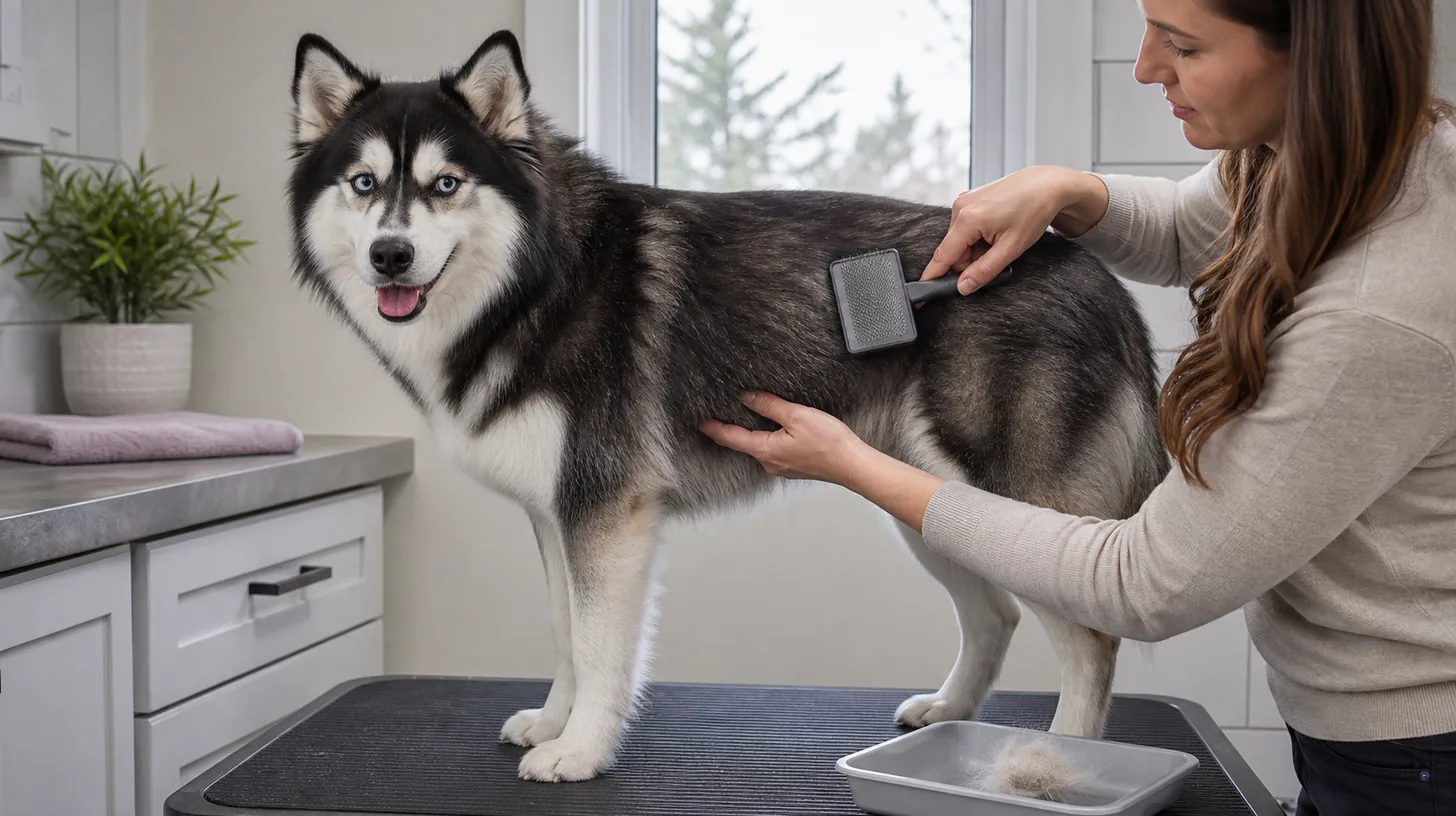 Caregiver gently brushes a Pomsky during a short seasonal shedding session
