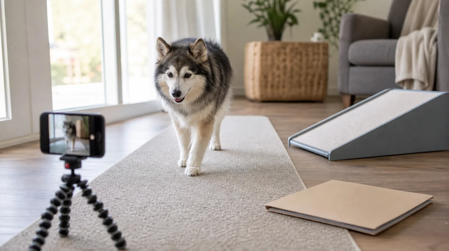 Senior Pomsky walks voluntarily on a nonslip home runner while a stable phone records from a safe distance