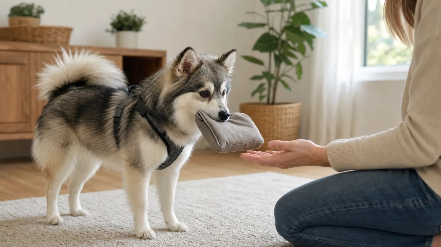 A Pomsky retrieves a soft pouch to a handler during a controlled task-training session