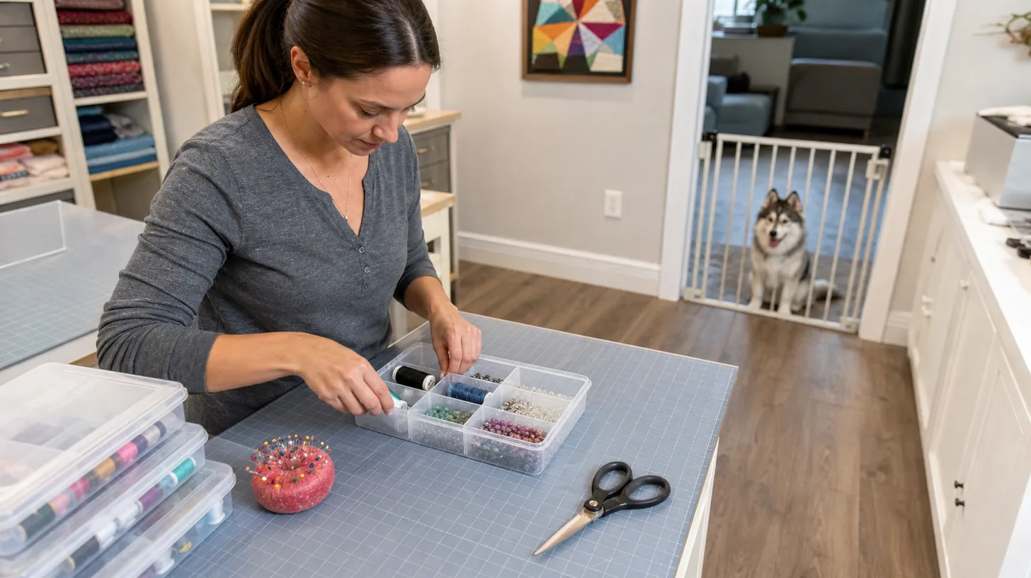 Caregiver containing sewing and craft tools while a Pomsky waits behind a gate