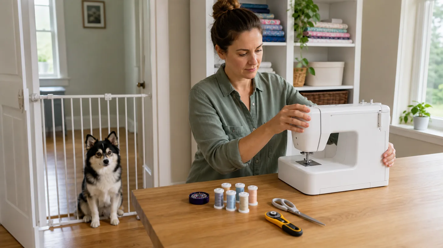 Pomsky behind a secure gate while a caregiver checks an unplugged sewing machine and controlled sewing tools