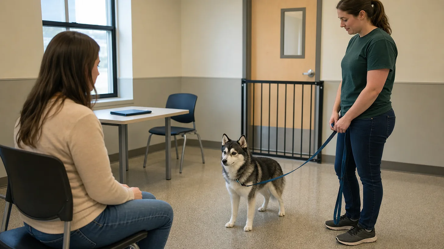 Shelter staff and a potential adopter observe a calm Pomsky in a quiet controlled meeting room