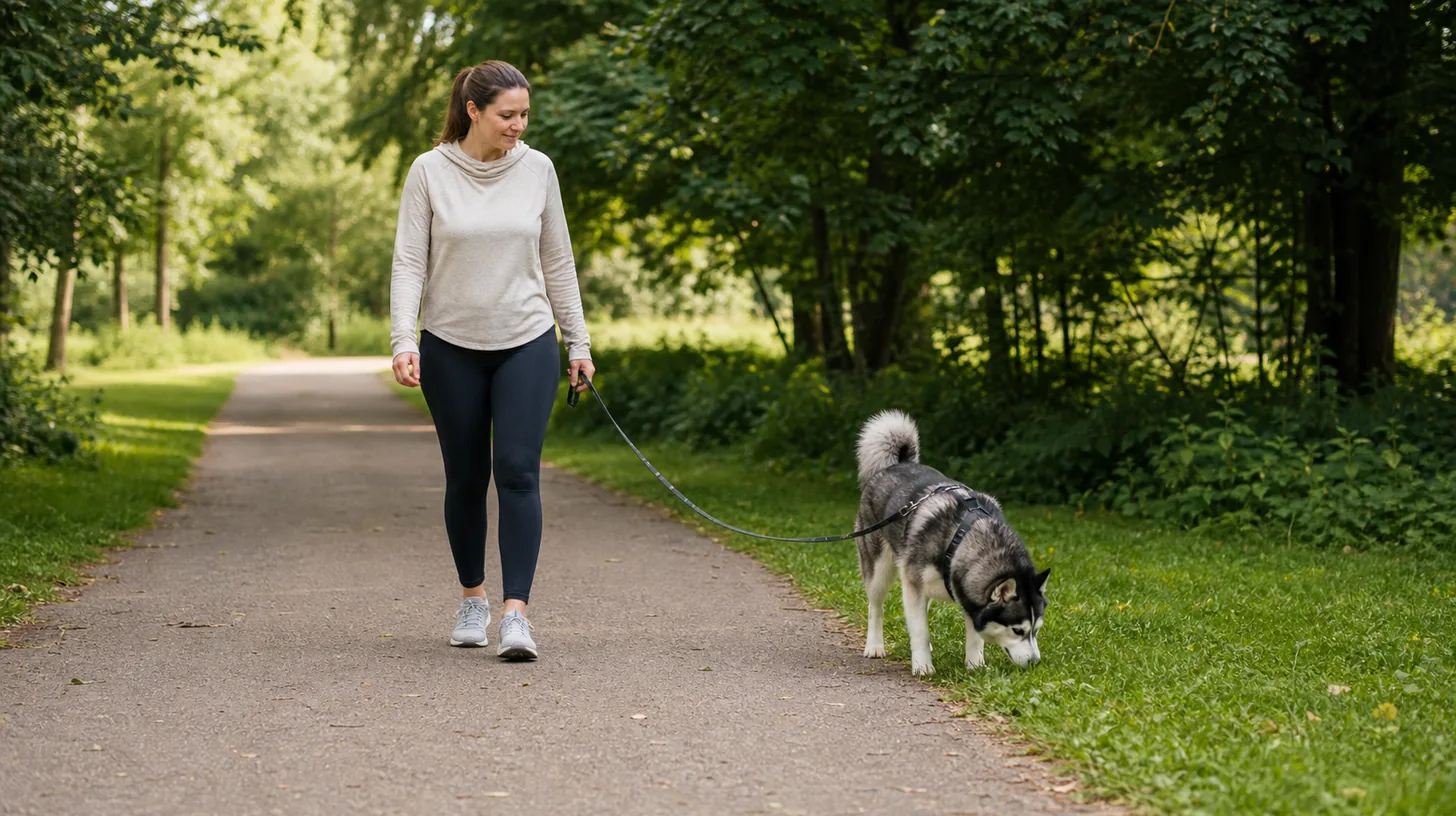 A harnessed Pomsky explores a quiet grassy verge on a loose leash beside an attentive caregiver