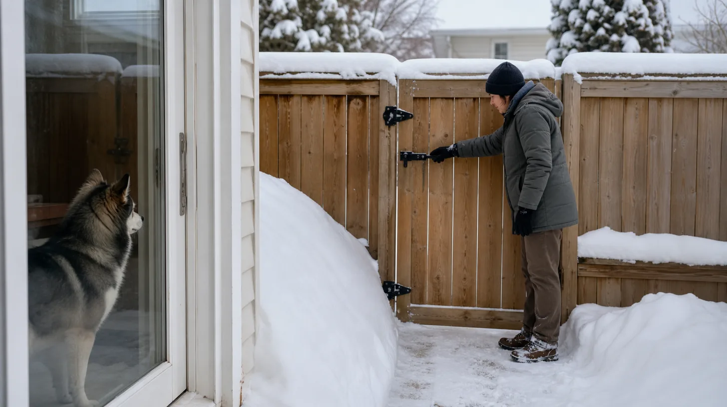 Caregiver inspects a snow-covered backyard gate while a Pomsky waits indoors