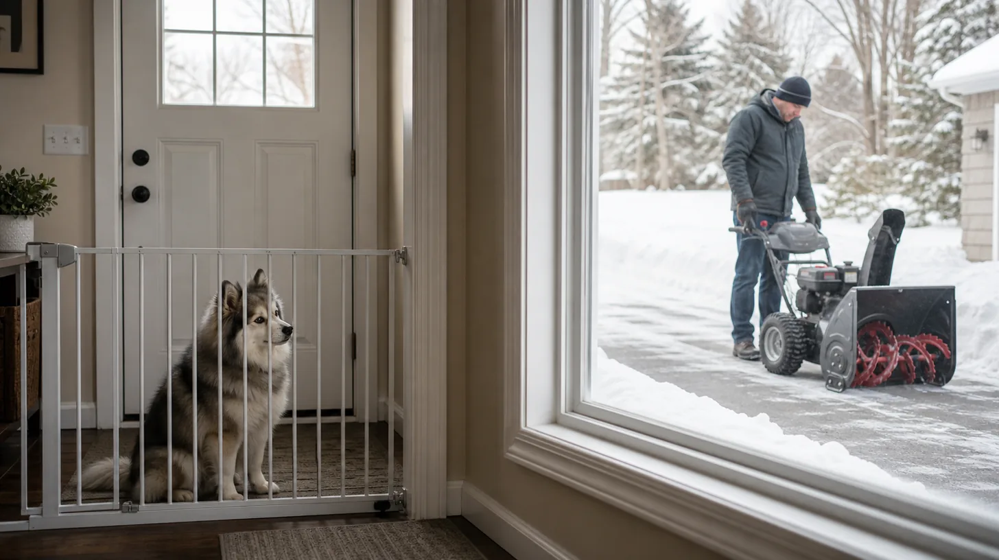 Pomsky waiting indoors behind a gate while a caregiver inspects a switched-off snow blower on a cleared driveway